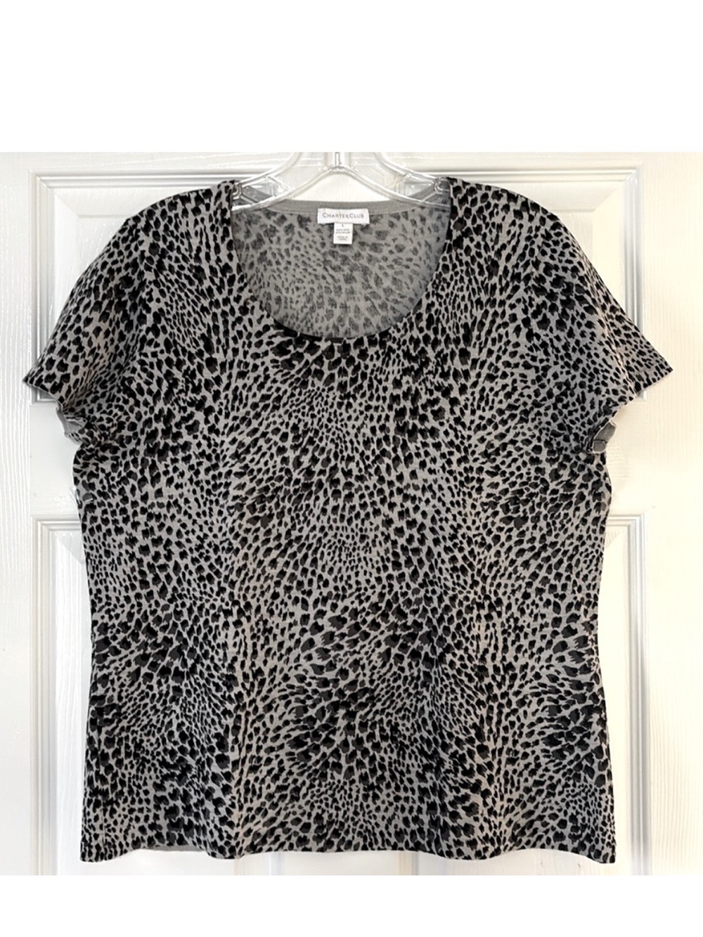 CHARTER CLUB 85% WOOL ANIMAL PRINT SHORT SLEEVE SWEATER- SIZE LARGE ♠️